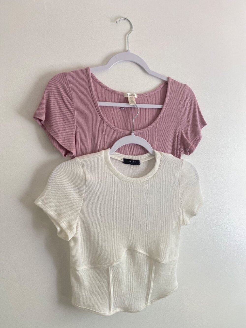 Set of 2 Crop Tops Pink & White Ribbed Short Sleeve Stretch Size L